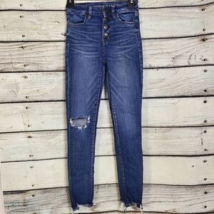 American Eagle Outfitters High Rise Distressed Skinny Jeans Size 0 Button Fly Fr